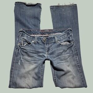 Ariya Jeans Womens 5/6 Blue Medium Wash Super Low Rise Bootcut Y2K Distressed